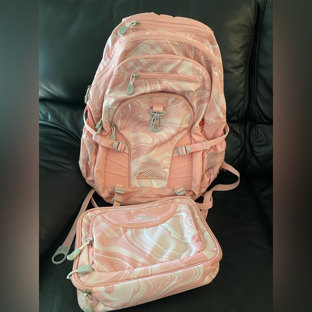 High Sierra Pink marble Backpack and Lunch Bag Set, school, girls